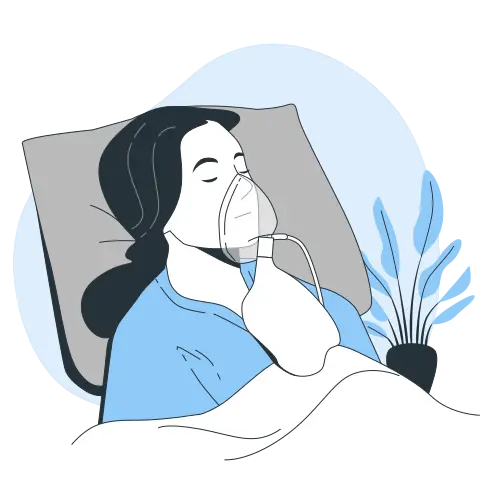 Illustration of a woman lying in bed with an oxygen mask, suggesting medical care or recovery.