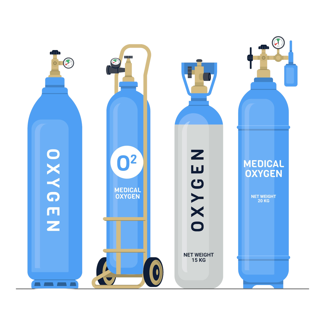 A collection of medical oxygen cylinders in different sizes with gauges and valves.
