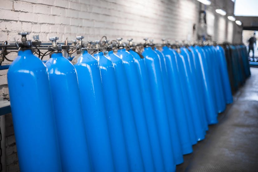 A line of blue oxygen cylinders secured to a wall rack.